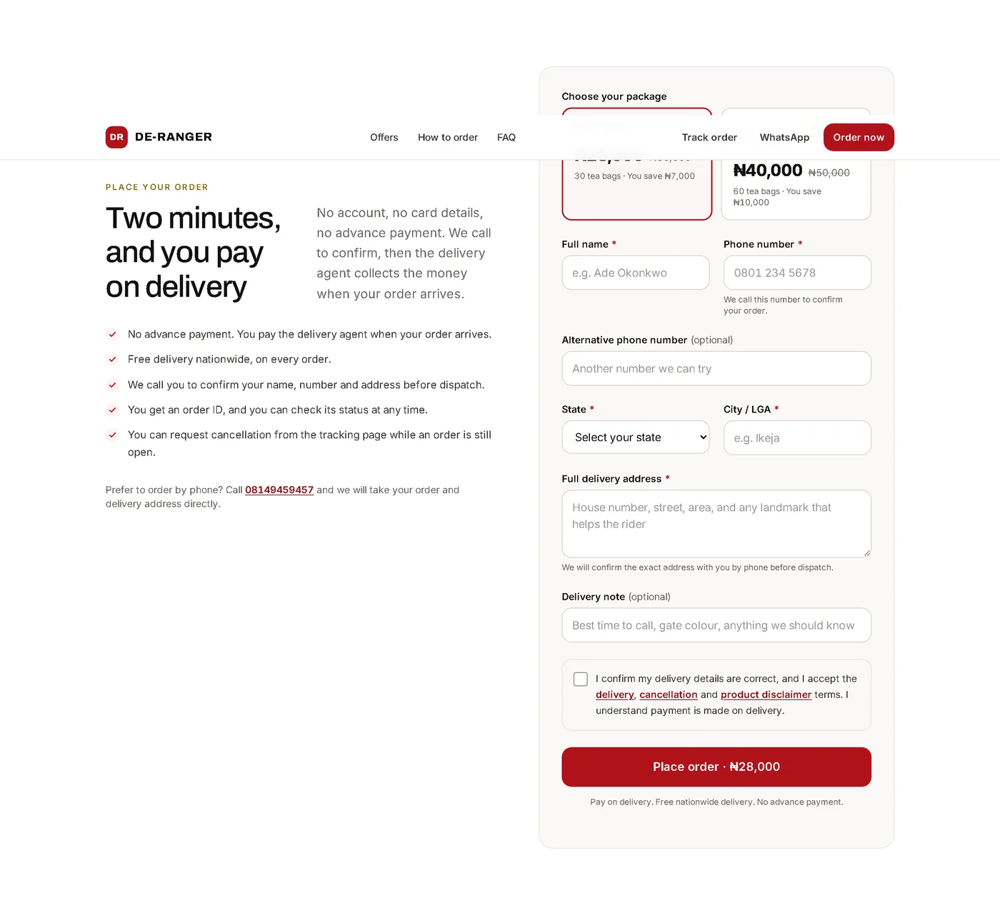 DE-RANGER order form — package selection, contact details, Nigerian state and city selection, delivery address and terms acceptance.