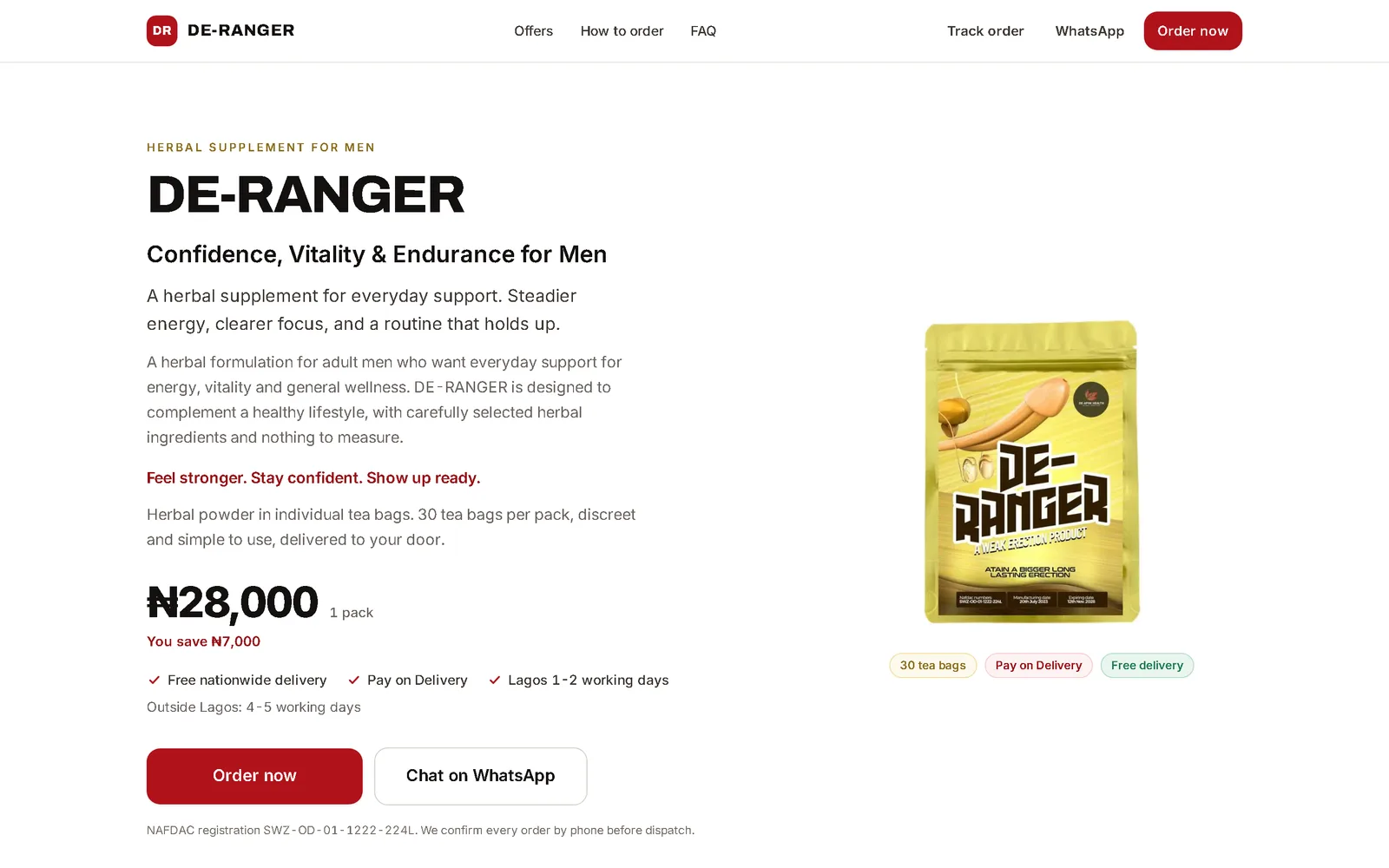 DE-RANGER storefront — package options with published prices, pay-on-delivery terms and nationwide delivery information.