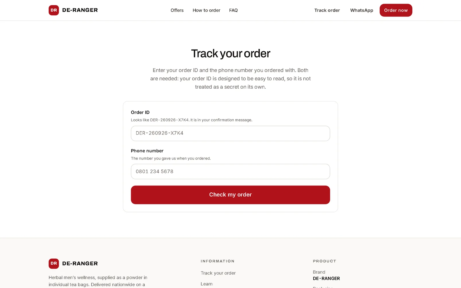 DE-RANGER track-order page with fields for the order ID and the phone number used to place the order.