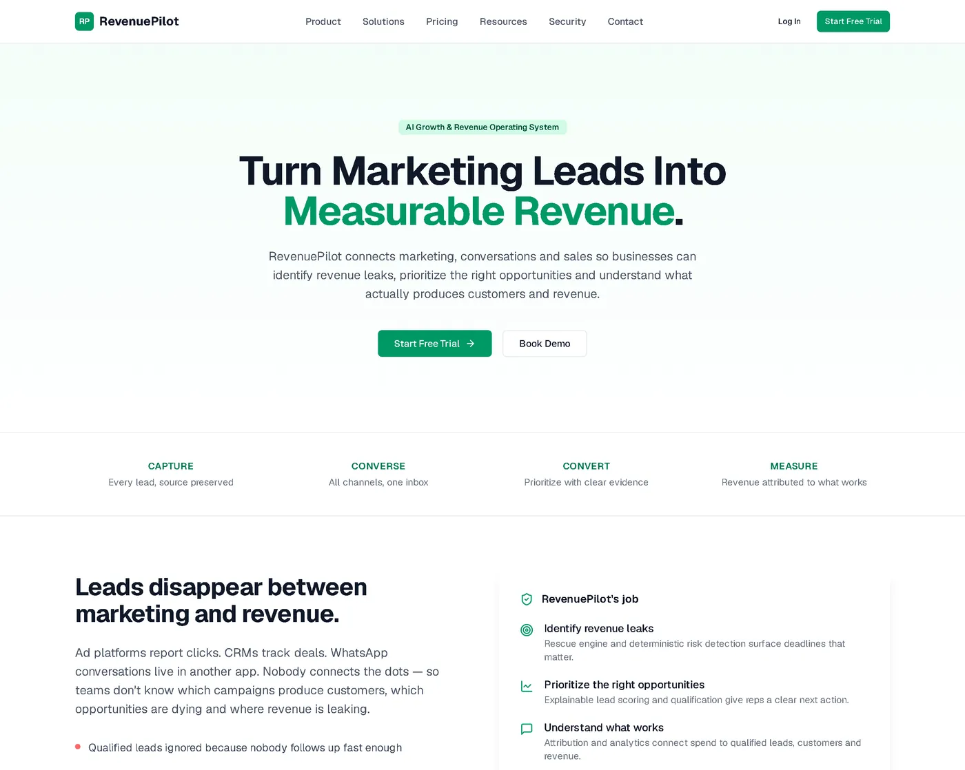 RevenuePilot marketing site — the AI Growth & Revenue Operating System landing page showing the capture, converse, convert and measure loop.