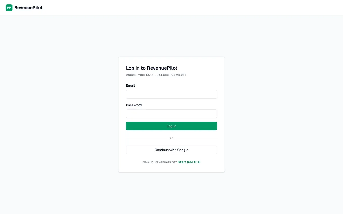 RevenuePilot sign-in screen with email and password fields and a Google sign-in option.