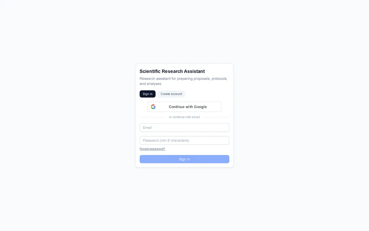 Scientific Research Assistant account gate — sign in or create account with email and password to reach the research workspace.